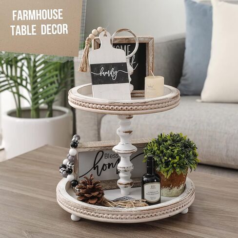 FESTWIND Grey Tiered Tray, Two Tiered Tray Rustic Home Decor, Small Beaded Tiered Tray Stand for Kitchen Counter, Farmhouse Tiered Tray Decor Distressed in Kuwait