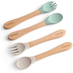 Ginbear Silicone Baby Spoon and Fork Self-feeding, Baby Flatware Sets for Boy, Toddler Feeding Utensils for Child 6 Months+ (Gray/Blue)