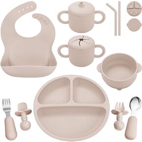 Silicone Baby Feeding Set, Baby Led Weaning Supplies, Eating Essentials Utensils with Suction Plate and Bowl, Pocket Bib, Sippy Cup with Lid, Forks Spoons Snack Container, for 6+ Months, Beige