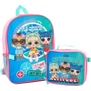 شنطة ظهر ال او ال سربرايز 16 انش مع صندوق غداء للبنات، حزمة قيمة، بينك وازرق in Kuwait