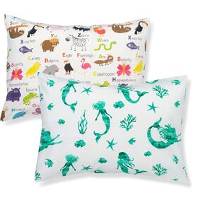 Addison Belle 100% Cotton Toddler Pillowcase 2 Pack - Alphabet+Mermaid - Fits Both 13"x18" and 14"x19" Pillows - Soft, Durable & Breathable in Kuwait