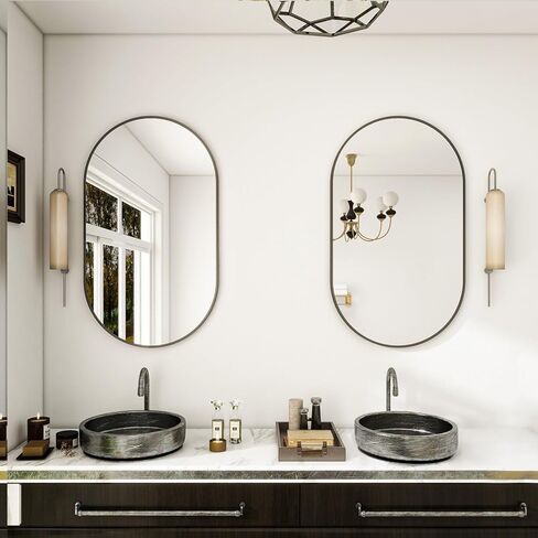 مرآة مثبتة على الحائط من بيوتيبيك، مرآة حمام بيضاوية مقاس 17 بوصة × 30 بوصة، مرآة حائط ذهبية مع إطار معدني للتعليق الرأسي والأفقي، مثالية لغرفة النوم والمدخل وغرفة المعيشة in Kuwait