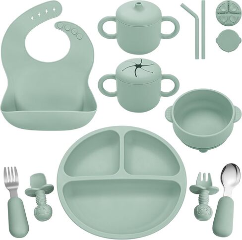 Bufims Silicone Baby Feeding Set for Baby Led Weaning 9-Piece, Sage Green | 9-piece set with Suction Plate and Bowl, Pocket Bib, Sippy Cup with Lid, Forks Spoons Snack Container, for 6+ Months in Saudi Arabia