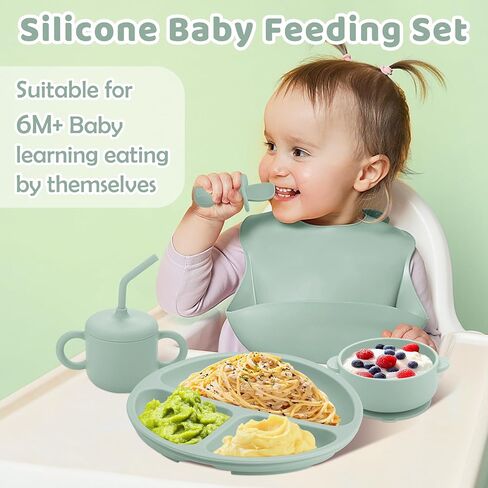 Bufims Silicone Baby Feeding Set for Baby Led Weaning 9-Piece, Sage Green | 9-piece set with Suction Plate and Bowl, Pocket Bib, Sippy Cup with Lid, Forks Spoons Snack Container, for 6+ Months in Saudi Arabia