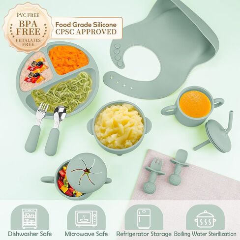 Bufims Silicone Baby Feeding Set for Baby Led Weaning 9-Piece, Sage Green | 9-piece set with Suction Plate and Bowl, Pocket Bib, Sippy Cup with Lid, Forks Spoons Snack Container, for 6+ Months in Saudi Arabia