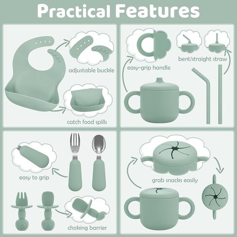 Bufims Silicone Baby Feeding Set for Baby Led Weaning 9-Piece, Sage Green | 9-piece set with Suction Plate and Bowl, Pocket Bib, Sippy Cup with Lid, Forks Spoons Snack Container, for 6+ Months in Saudi Arabia