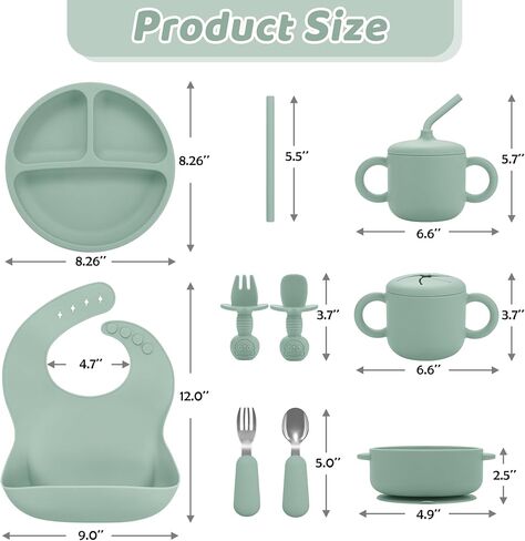 Bufims Silicone Baby Feeding Set for Baby Led Weaning 9-Piece, Sage Green | 9-piece set with Suction Plate and Bowl, Pocket Bib, Sippy Cup with Lid, Forks Spoons Snack Container, for 6+ Months in Saudi Arabia