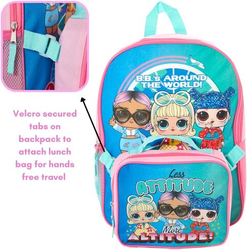 شنطة ظهر ال او ال سربرايز 16 انش مع صندوق غداء للبنات، حزمة قيمة، بينك وازرق in Kuwait