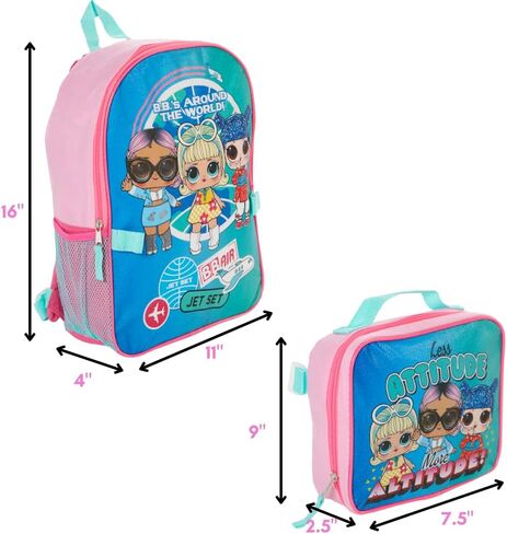 شنطة ظهر ال او ال سربرايز 16 انش مع صندوق غداء للبنات، حزمة قيمة، بينك وازرق in Kuwait