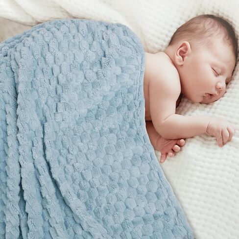 HOMRITAR Baby Blanket for Boys or Girls 3D Jacquard Fluffy Fuzzy Soft Warm Cozy Flannel Fleece Warm Blanket for Nursery, Stroller Toddler Bedding (30 x 40 Inch, Blue) in Saudi Arabia