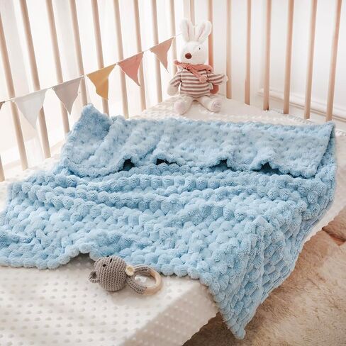HOMRITAR Baby Blanket for Boys or Girls 3D Jacquard Fluffy Fuzzy Soft Warm Cozy Flannel Fleece Warm Blanket for Nursery, Stroller Toddler Bedding (30 x 40 Inch, Blue) in Saudi Arabia