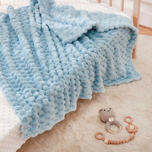 HOMRITAR Baby Blanket for Boys or Girls 3D Jacquard Fluffy Fuzzy Soft Warm Cozy Flannel Fleece Warm Blanket for Nursery, Stroller Toddler Bedding (30 x 40 Inch, Blue) in Saudi Arabia