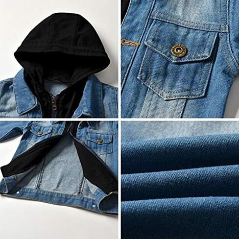 سترة Admireme للأطفال من الأولاد والبنات من قماش الدنيم للأطفال الصغار بأزرار سفلية من الجينز، معطف علوي، ملابس خارجية، ملابس كاجوال، قلنسوة سوداء in Kuwait