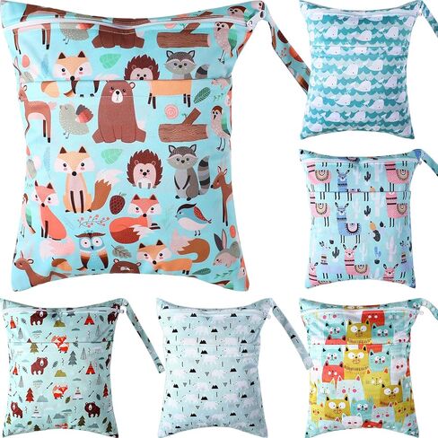 Woanger 6 Pack Wet Dry Bags for Baby Cloth Diapers Waterproof Reusable Wet Bags with Two Zippered Pockets Beach Pool Gym Travel Bags for Swimsuit Beach Pool Daycare Yoga Gym Dirty Wet Clothes in Saudi Arabia