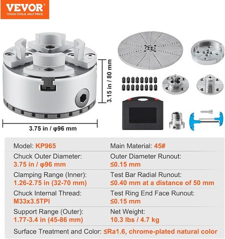 ظرف مخرطة VEVOR KP965، قطر 4 فك 3.75 بوصة، ملحقات آلة تحول تشاك المخرطة المعدنية مع 5 مجموعات من الفكين، أداة ذاتية التمركز، للتصنيع الدقيق، آلات الطحن، آلات الطحن in Saudi Arabia