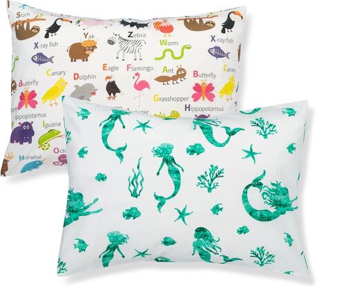 Addison Belle 100% Cotton Toddler Pillowcase 2 Pack - Alphabet+Mermaid - Fits Both 13"x18" and 14"x19" Pillows - Soft, Durable & Breathable in Kuwait