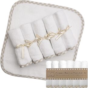 Premium Boutique Organic Baby Washcloth Set - (6 Pack Wash Cloth) - Softest Face Towels/Washcloths for Eczema - Child or Adult Essentials for Bath (Beige/White)