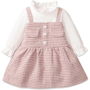 باتبات طفلة فستان بكم طويل فو قطعتين كشكش قميص Houndstooth الربط مكشكش طوق وتتسابق 3-24 متر in Kuwait