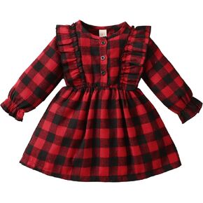Jeinxcn Toddler Baby Girl Plaid Dress Long Sleeve Ruffle Button Down Shirt Dress Clothes