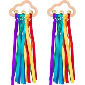 ألعاب الأطفال لعبة شريط حسية - قطعتان من شريط قوس قزح خشخيشة شريط خشبي طبيعي دائرة خشبية لحديثي الولادة لعبة مونتيسوري الحسية هدية للأطفال الرضع والأطفال الصغار in Kuwait