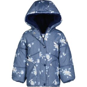 معطف شتوي بغطاء للرأس للفتيات الصغيرات من OshKosh B’gosh، أزرق شامبراي مع تصميم زهور أنيق بالكامل in Kuwait