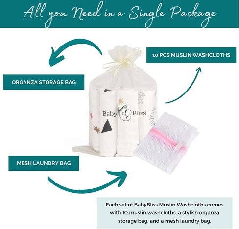 مناديل أطفال من قماش الموسلين الطبيعي من بيبي بلس (10 عبوات) | فائقة النعومة وذات قدرة فائقة على الامتصاص | مناديل قطنية لا تسبب الحساسية وقابلة للغسل وقابلة لإعادة الاستخدام مع الأورجانزا وحقائب الغسيل | مقاس كبير | أفضل هدية استحمام للطفل in Kuwait