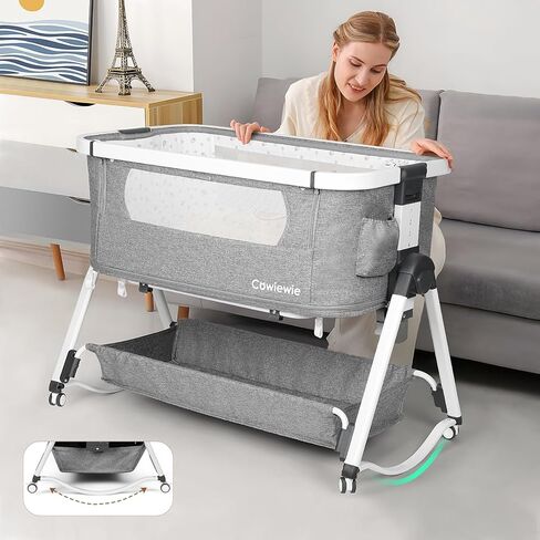 سرير أطفال Cowiie قابل للتأرجح للرضع/حديثي الولادة إلى الأطفال الصغار مع 4 مراحل، سرير بجانب السرير + سرير سفر + سرير + روضة أطفال مع مرتبة، شبكة مسامية، 6 ارتفاعات قابلة للتعديل (رمادي) in Kuwait