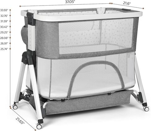 سرير أطفال Cowiie قابل للتأرجح للرضع/حديثي الولادة إلى الأطفال الصغار مع 4 مراحل، سرير بجانب السرير + سرير سفر + سرير + روضة أطفال مع مرتبة، شبكة مسامية، 6 ارتفاعات قابلة للتعديل (رمادي) in Kuwait