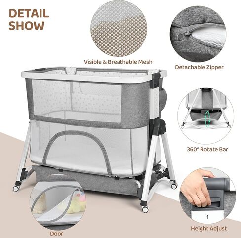 سرير أطفال Cowiie قابل للتأرجح للرضع/حديثي الولادة إلى الأطفال الصغار مع 4 مراحل، سرير بجانب السرير + سرير سفر + سرير + روضة أطفال مع مرتبة، شبكة مسامية، 6 ارتفاعات قابلة للتعديل (رمادي) in Kuwait