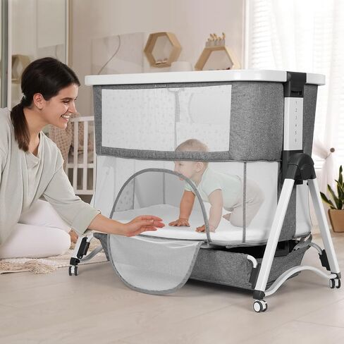 سرير أطفال Cowiie قابل للتأرجح للرضع/حديثي الولادة إلى الأطفال الصغار مع 4 مراحل، سرير بجانب السرير + سرير سفر + سرير + روضة أطفال مع مرتبة، شبكة مسامية، 6 ارتفاعات قابلة للتعديل (رمادي) in Kuwait