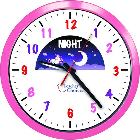 ساعة حائط بإطار معدني وردي تعليمي من اختيار المعلم ليلا ونهارا | عملية صامتة - ساعة تعليمية للوقت مثالية للفصول الدراسية وغرف نوم الأطفال (وردي) in Kuwait
