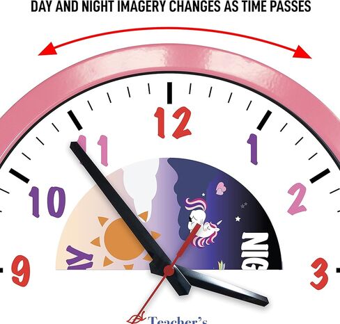 ساعة حائط بإطار معدني وردي تعليمي من اختيار المعلم ليلا ونهارا | عملية صامتة - ساعة تعليمية للوقت مثالية للفصول الدراسية وغرف نوم الأطفال (وردي) in Kuwait