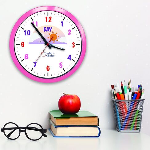 ساعة حائط بإطار معدني وردي تعليمي من اختيار المعلم ليلا ونهارا | عملية صامتة - ساعة تعليمية للوقت مثالية للفصول الدراسية وغرف نوم الأطفال (وردي) in Kuwait