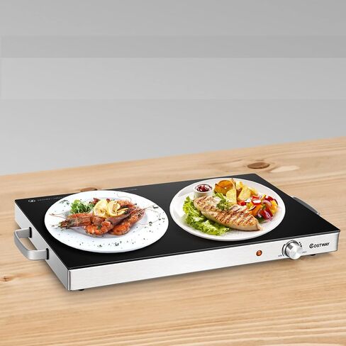 صينية تسخين كهربائية من هيساتشي، سخان طعام مقاس 22 × 15 بوصة مع مقابض تعمل باللمس البارد، إطار من الفولاذ المقاوم للصدأ، مقبض للتحكم في درجة الحرارة ومؤشر الطاقة، طبق ساخن للاستخدام العائلي، فضي + أسود in Kuwait