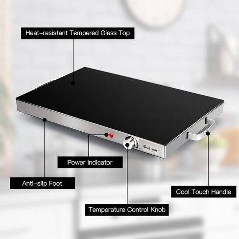 صينية تسخين كهربائية من هيساتشي، سخان طعام مقاس 22 × 15 بوصة مع مقابض تعمل باللمس البارد، إطار من الفولاذ المقاوم للصدأ، مقبض للتحكم في درجة الحرارة ومؤشر الطاقة، طبق ساخن للاستخدام العائلي، فضي + أسود in Kuwait
