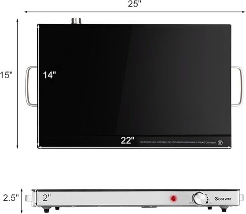 صينية تسخين كهربائية من هيساتشي، سخان طعام مقاس 22 × 15 بوصة مع مقابض تعمل باللمس البارد، إطار من الفولاذ المقاوم للصدأ، مقبض للتحكم في درجة الحرارة ومؤشر الطاقة، طبق ساخن للاستخدام العائلي، فضي + أسود in Kuwait