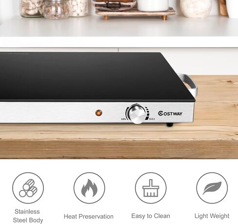 صينية تسخين كهربائية من هيساتشي، سخان طعام مقاس 22 × 15 بوصة مع مقابض تعمل باللمس البارد، إطار من الفولاذ المقاوم للصدأ، مقبض للتحكم في درجة الحرارة ومؤشر الطاقة، طبق ساخن للاستخدام العائلي، فضي + أسود in Kuwait