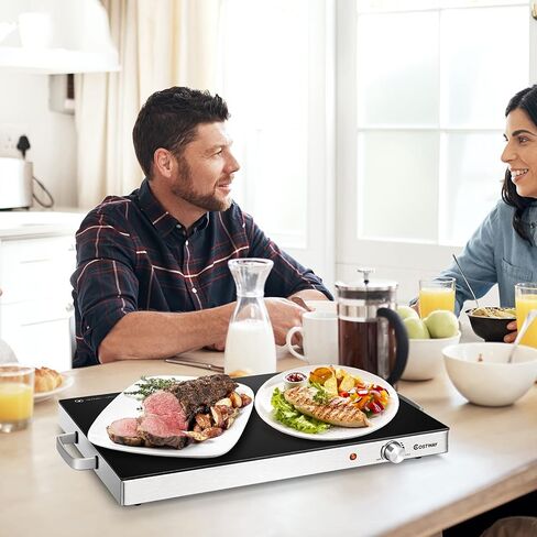 صينية تسخين كهربائية من هيساتشي، سخان طعام مقاس 22 × 15 بوصة مع مقابض تعمل باللمس البارد، إطار من الفولاذ المقاوم للصدأ، مقبض للتحكم في درجة الحرارة ومؤشر الطاقة، طبق ساخن للاستخدام العائلي، فضي + أسود in Kuwait