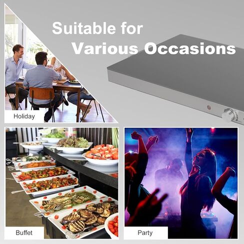 صينية تسخين كهربائية من هيساتشي، سخان طعام مقاس 22 × 15 بوصة مع مقابض تعمل باللمس البارد، إطار من الفولاذ المقاوم للصدأ، مقبض للتحكم في درجة الحرارة ومؤشر الطاقة، طبق ساخن للاستخدام العائلي، فضي + أسود in Kuwait