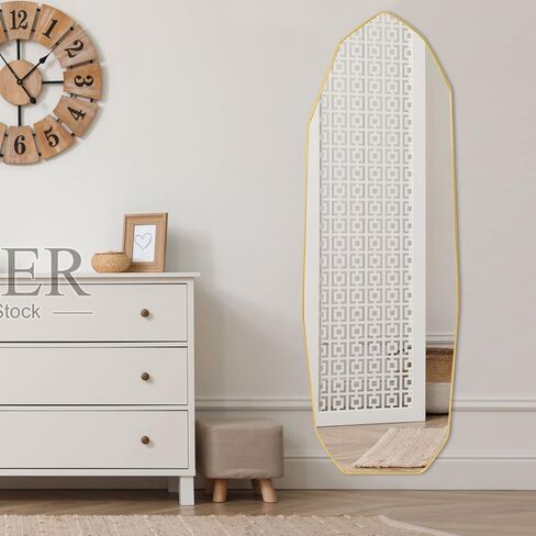 SANHUAMAO مرآة كاملة الطول 22 بوصة × 65 بوصة مرآة بطول الأرضية غير منتظمة مع حامل، مرآة حائط على شكل ألماس لغرفة المعيشة والحمام والمدخل وغرفة المرحاض، إطار من الألومنيوم الذهبي in Kuwait