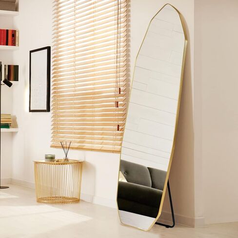 SANHUAMAO مرآة كاملة الطول 22 بوصة × 65 بوصة مرآة بطول الأرضية غير منتظمة مع حامل، مرآة حائط على شكل ألماس لغرفة المعيشة والحمام والمدخل وغرفة المرحاض، إطار من الألومنيوم الذهبي in Kuwait