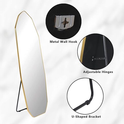 SANHUAMAO مرآة كاملة الطول 22 بوصة × 65 بوصة مرآة بطول الأرضية غير منتظمة مع حامل، مرآة حائط على شكل ألماس لغرفة المعيشة والحمام والمدخل وغرفة المرحاض، إطار من الألومنيوم الذهبي in Kuwait