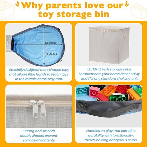 سلة تخزين الألعاب وحصيرة اللعب للأطفال من سام آند مابيل - مقاس 33.02 سم × 33.02 سم × 33.02 سم، منظمات ألعاب وصناديق تخزين قابلة للتكديس والطي مع غطاء لغرفة اللعب (خيزران كريمي) in Kuwait