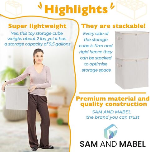 سلة تخزين الألعاب وحصيرة اللعب للأطفال من سام آند مابيل - مقاس 33.02 سم × 33.02 سم × 33.02 سم، منظمات ألعاب وصناديق تخزين قابلة للتكديس والطي مع غطاء لغرفة اللعب (خيزران كريمي) in Kuwait