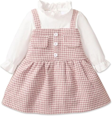 باتبات طفلة فستان بكم طويل فو قطعتين كشكش قميص Houndstooth الربط مكشكش طوق وتتسابق 3-24 متر in Kuwait