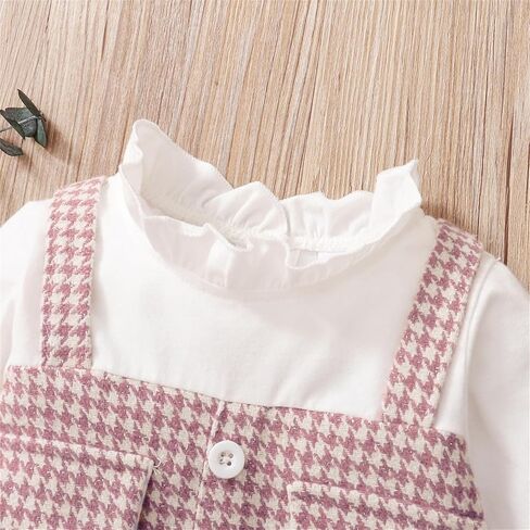 باتبات طفلة فستان بكم طويل فو قطعتين كشكش قميص Houndstooth الربط مكشكش طوق وتتسابق 3-24 متر in Kuwait