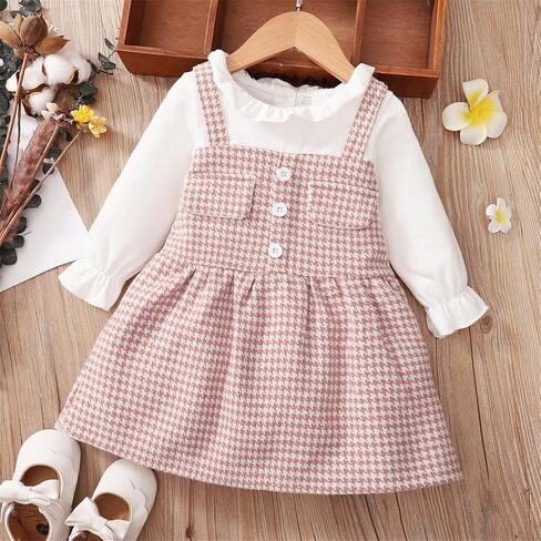 باتبات طفلة فستان بكم طويل فو قطعتين كشكش قميص Houndstooth الربط مكشكش طوق وتتسابق 3-24 متر in Kuwait