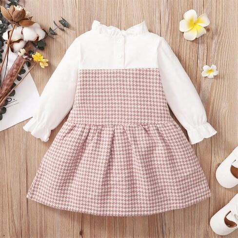 باتبات طفلة فستان بكم طويل فو قطعتين كشكش قميص Houndstooth الربط مكشكش طوق وتتسابق 3-24 متر in Kuwait