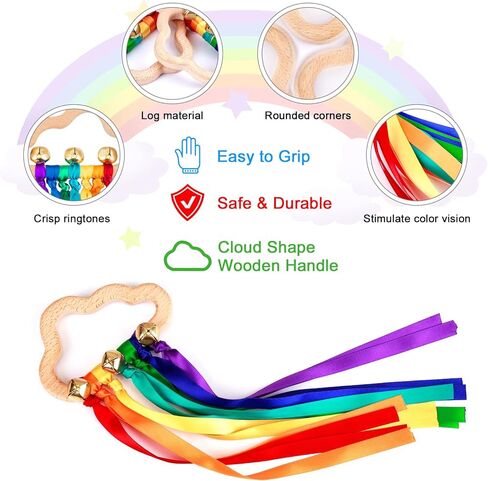 ألعاب الأطفال لعبة شريط حسية - قطعتان من شريط قوس قزح خشخيشة شريط خشبي طبيعي دائرة خشبية لحديثي الولادة لعبة مونتيسوري الحسية هدية للأطفال الرضع والأطفال الصغار in Kuwait
