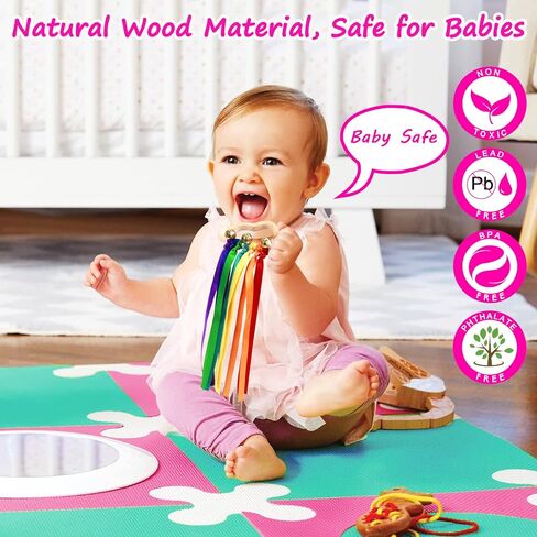 ألعاب الأطفال لعبة شريط حسية - قطعتان من شريط قوس قزح خشخيشة شريط خشبي طبيعي دائرة خشبية لحديثي الولادة لعبة مونتيسوري الحسية هدية للأطفال الرضع والأطفال الصغار in Kuwait